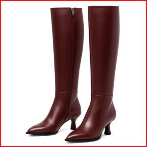 Knee High Boots Pointed Toe Kitten Heel Side Zipper Faux Leather Tall Boots